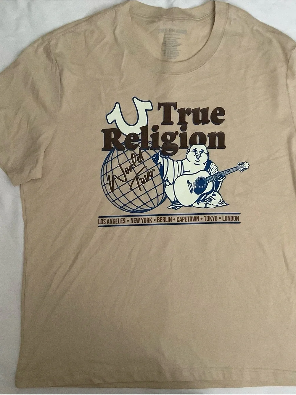 True Religion Beige Graphic Logo Tee with Navy Accent